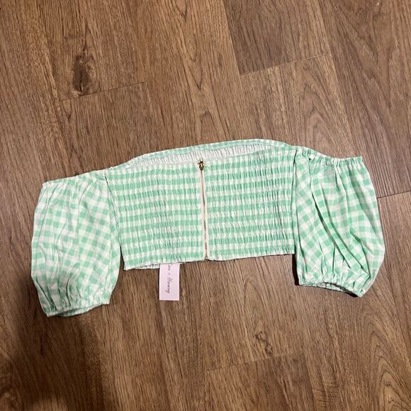 Love + Harmony Green Gingham Print Smocked Crop Top - Picture 2 of 4